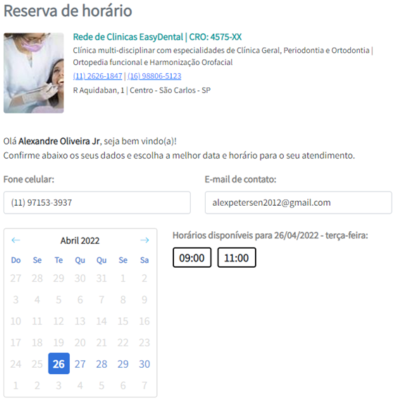 Apresentação da agenda para o autoagendamento do Software odontológico Apresentação da agenda para o autoagendamento