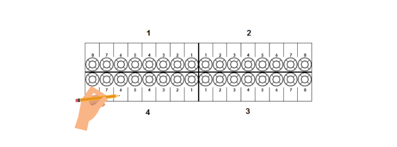 Imagem de um odontograma geométrico com numeração dos dentes e mão segurando um lápis, útil para a documentação odontológica.