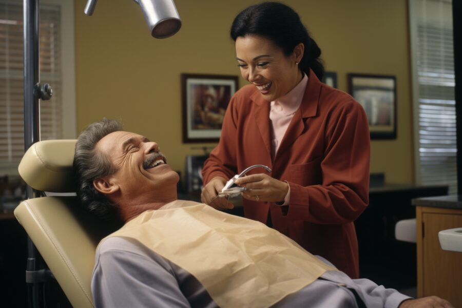 Imagem de um dentista realizando anamnese odontológica com um paciente sorridente no consultório, destacando a importância do atendimento odontológico.