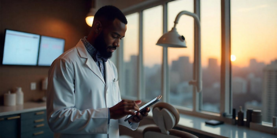 Médico em um escritório moderno com vista para a cidade, utilizando um tablet enquanto planeja como chamar paciente para retorno.