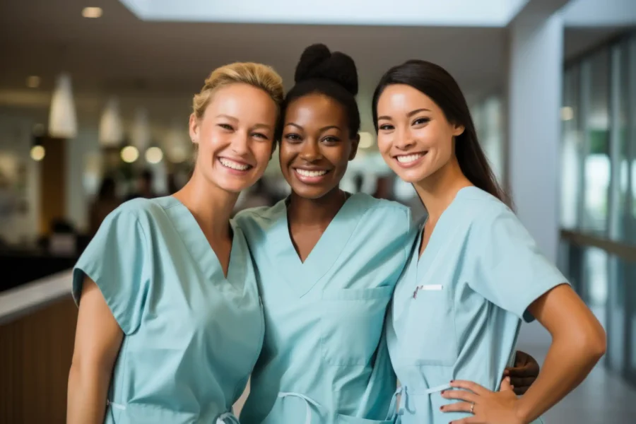 Três mulheres dentistas sorrindo em um consultório moderno, representando o empoderamento feminino na odontologia.